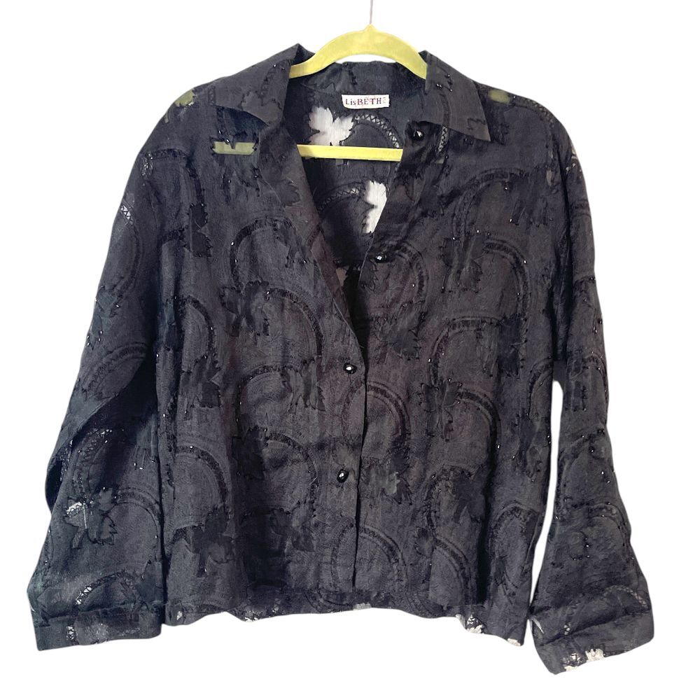 Vintage Black Lisbeth Oslo Burnout Silk Button Front Formal‎ Blouse L - Picture 7 of 9